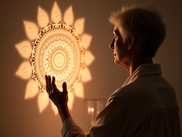 사람이 만다라 또는 기하학적 패턴에 집중하여 명상하는 모습