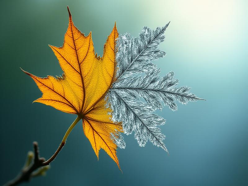 단풍잎의 프랙탈 패턴과 눈송이의 정교한 수학적 구조가 조화롭게 배치된 이미지